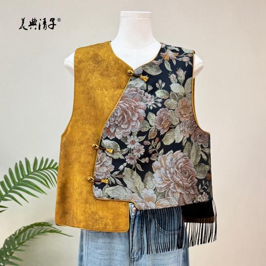 新中式撞色牡丹提花流苏圆领单排扣马甲 商品图2
