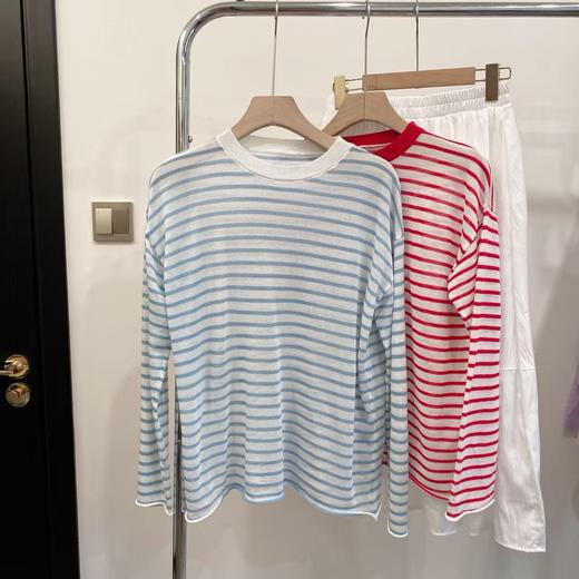 直发 莱赛尔亚麻混纺~ 复古条纹 防晒长袖针织衫 商品图6