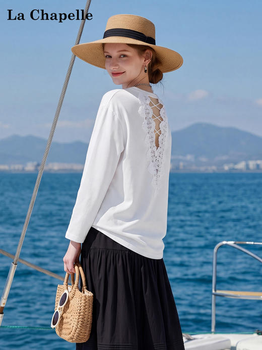天猫同步【蕾丝背影杀！】拉夏贝尔/La Chapelle圆领后背蕾丝镂空长袖T恤设计感露背洋气防晒上衣 商品图3