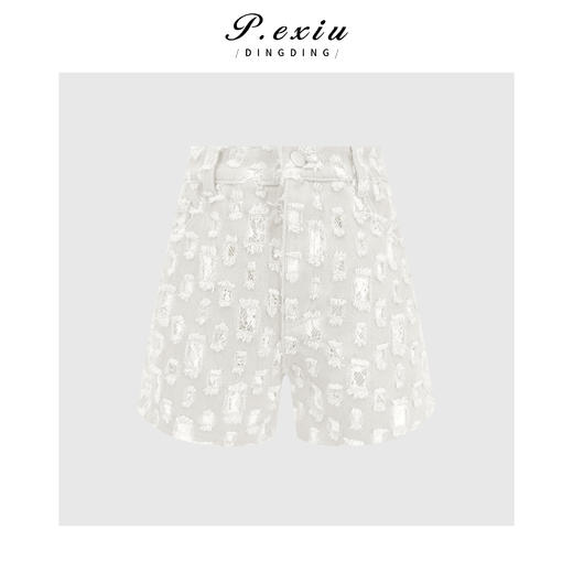 PanYiXiu/潘依绣100%棉小众设计感百搭重工蕾丝拼接毛边牛仔短裤 D67086 商品图1