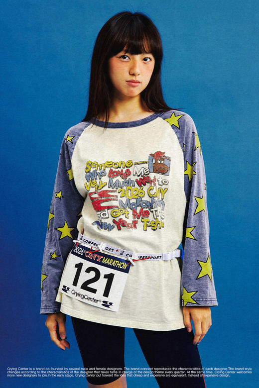 CryingCenter 马年马拉松趣味星星印花拼色宽松插肩袖 哭喊中心 商品图4