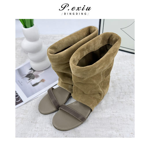 PanYiXiu/潘依绣高丝光牛反绒春夏露趾增高堆堆靴凉靴 TB25019 商品图0
