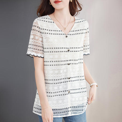 白色短袖蕾丝衫大码女装新款中长款t恤宽松女士上衣洋气夏季薄款 商品图3