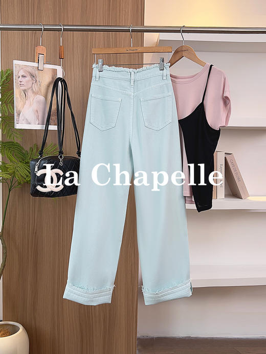专柜实拍【海盐冰蓝】拉夏贝尔/La Chapelle小众色系！全棉亲肤柔软显瘦高腰单扣腰部毛边设计直筒阔腿牛仔裤 商品图7