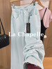 专柜实拍【海盐冰蓝】拉夏贝尔/La Chapelle小众色系！全棉亲肤柔软显瘦高腰单扣腰部毛边设计直筒阔腿牛仔裤 商品缩略图6