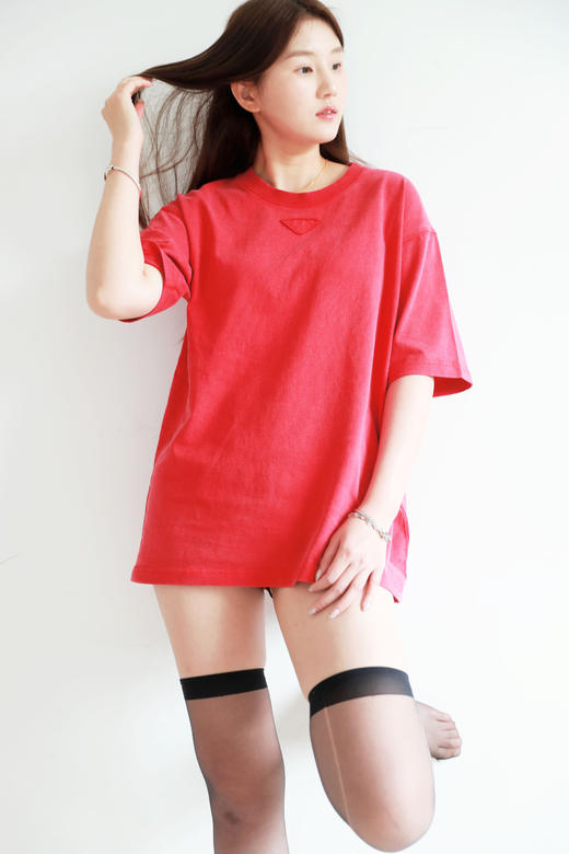 做旧小标tee，三色一起。复古氛围感圆领宽松全棉短袖t恤E041488 商品图0