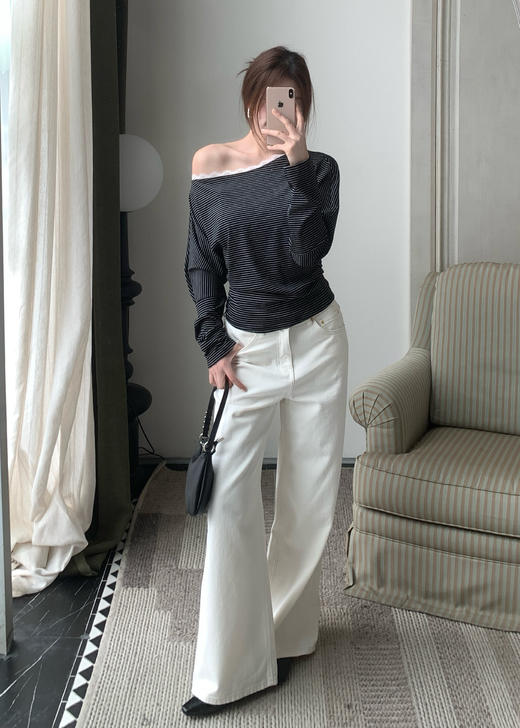 【门店同款】ENJOY春季斜肩蕾丝边条纹上衣 170494322 商品图4