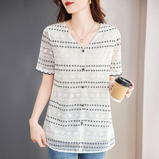 白色短袖蕾丝衫大码女装新款中长款t恤宽松女士上衣洋气夏季薄款 商品图0