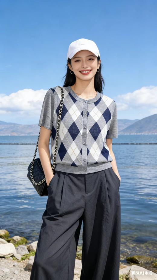 682290天丝亚麻菱形格纹针织衫 商品图5