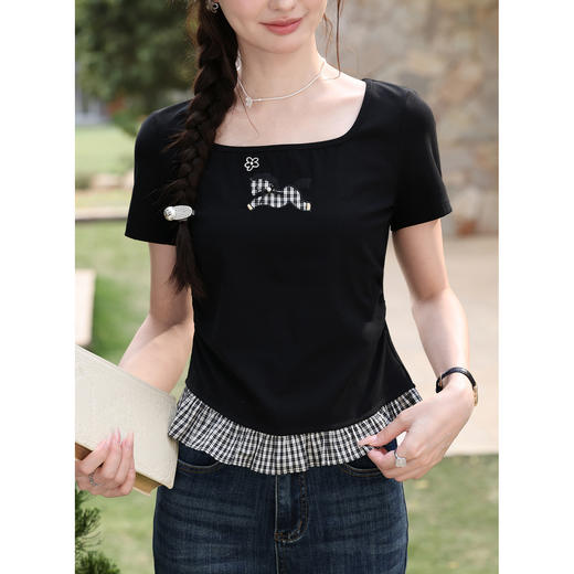 鹿向南【0417/20:00新品前1小时7折限量100件】修身显瘦黑色T恤女 商品图2