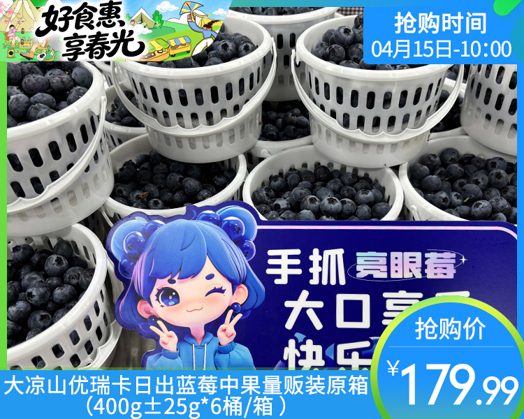 大凉山优瑞卡日出蓝莓中果量贩装原箱（400g±25g*6桶/箱）