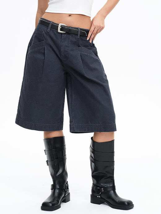 TR她热 复古蓝调 深蓝色水洗做旧全棉复古美式百搭工装休闲中裤短裤 商品图1