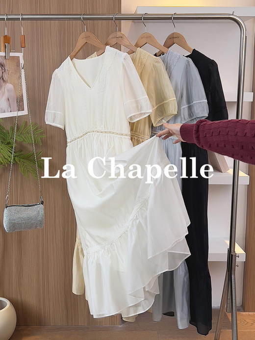 专柜实拍【夏日茶歇裙】拉夏贝尔/La Chapelle蕾丝V领拼接钉珠短袖连衣裙法式气质短袖中长裙 商品图2