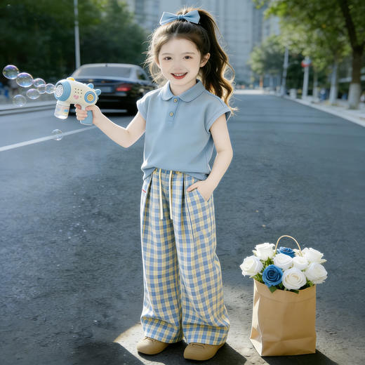 童洛萌女童夏季POLO衫套装新款儿童夏天薄款短袖格子长裤两件套爆款90-150 商品图3