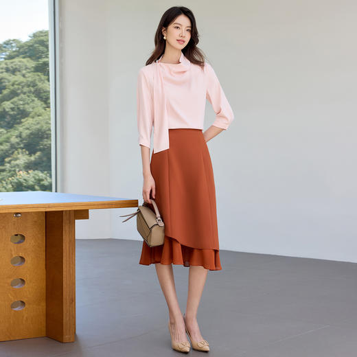 IWY/桃雾星澜粉色温柔风通勤飘带七分袖衬衫半裙套装女25B749+25S777 商品图6