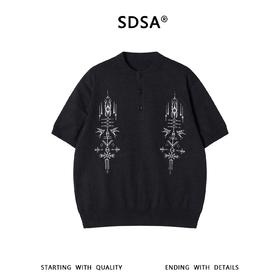 SDSA男装2026新款轻奢亨利领民族风刺绣针织短袖新中式通勤上衣
