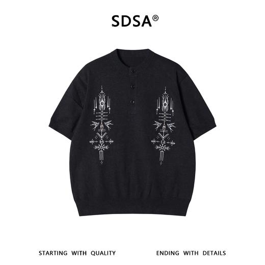 SDSA男装2026新款轻奢亨利领民族风刺绣针织短袖新中式通勤上衣 商品图0