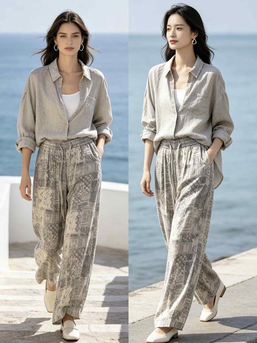 605555天丝亚麻印花裤阔腿裤 商品图1