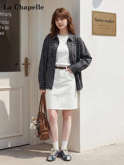天猫同步【复古格子衬衫】拉夏贝尔/La Chapelle翻领口袋排扣长袖衬衫宽松防晒百搭叠穿上衣女 商品图1