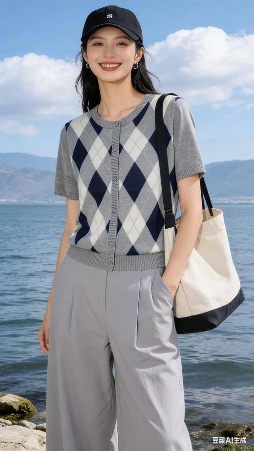 682290天丝亚麻菱形格纹针织衫 商品图6