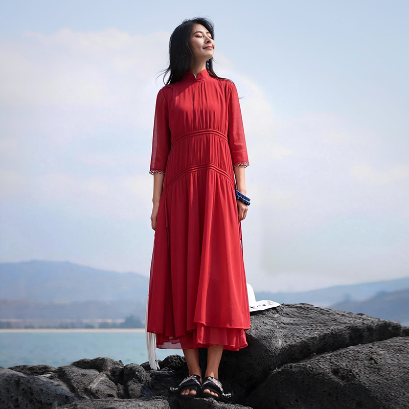 不染双层抽绳连衣裙 |  白色 酒红色 | 飘逸淑女