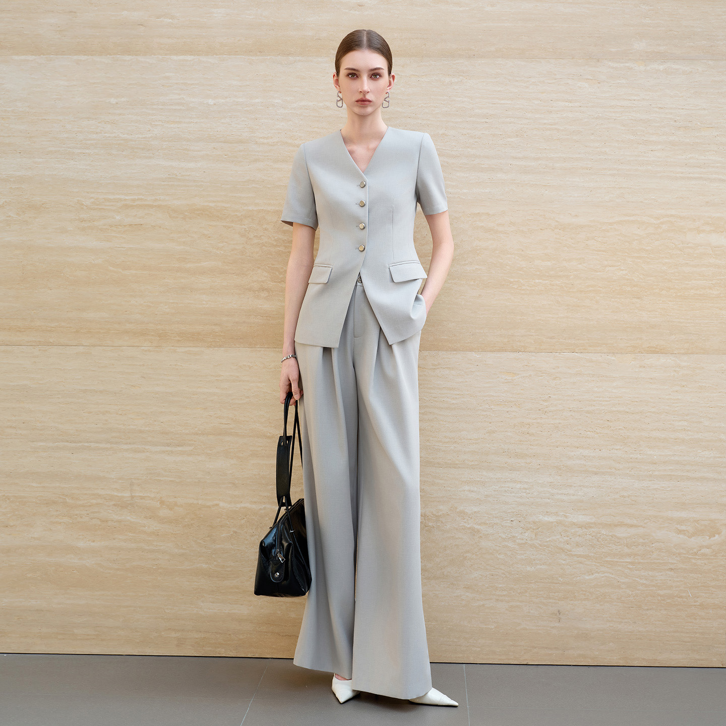 IWY/羽灰色夏季短袖西装套装女高级感职业装通勤阔腿裤正式场合工作服6CP07