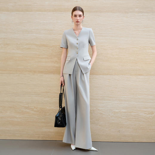 IWY/羽灰色夏季短袖西装套装女高级感职业装通勤阔腿裤正式场合工作服6CP07 商品图0