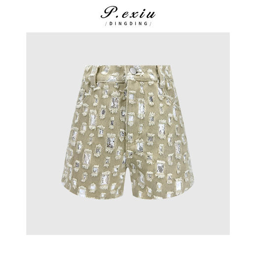 PanYiXiu/潘依绣100%棉小众设计感百搭重工蕾丝拼接毛边牛仔短裤 D67086 商品图2