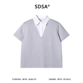 SDSA男装2026新款轻奢撞色假两件翻领V领短袖T恤宽松通勤休闲上衣
