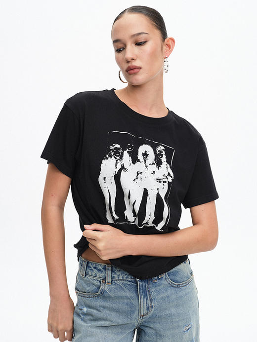 TR她热 女子乐队 黑色水洗印花复古休闲设计感百搭宽松圆领廓形T恤短袖 商品图2