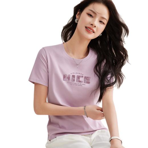 2026夏丝光棉新款字母亮片刺绣短袖t恤女显白玫瑰紫上衣修身速干   BY-W51 商品图4