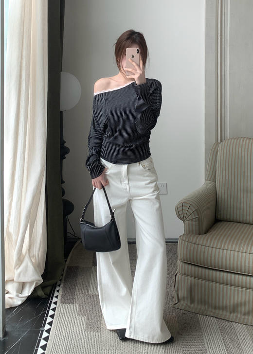 【门店同款】ENJOY春季斜肩蕾丝边条纹上衣 170494322 商品图3