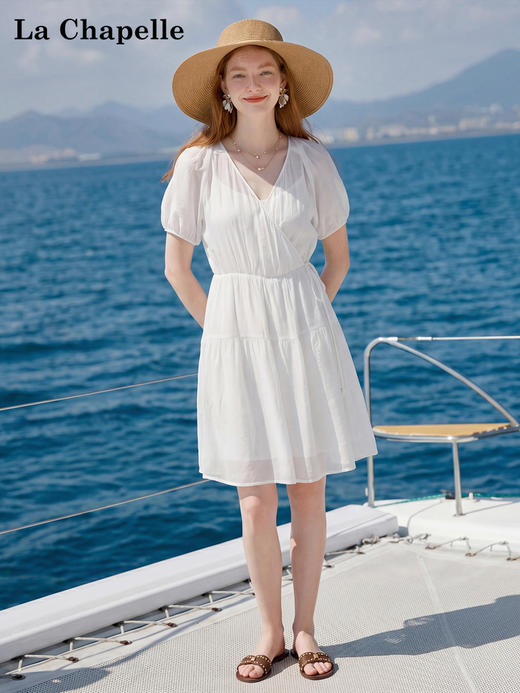 天猫同步【莱赛尔天丝！】拉夏贝尔/La Chapelle气质交叉领泡泡袖连衣裙夏季新款收腰宽松显瘦 商品图1