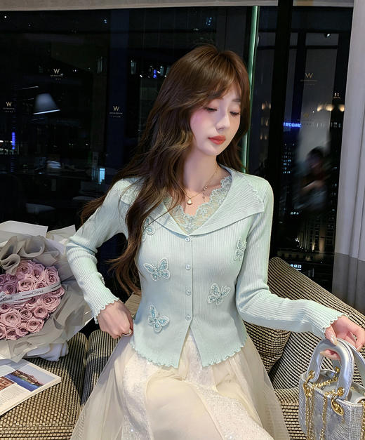 张心子【春日色调】独特漂亮蕾丝拼接花边针织衫木耳边开衫 U2604010 商品图5