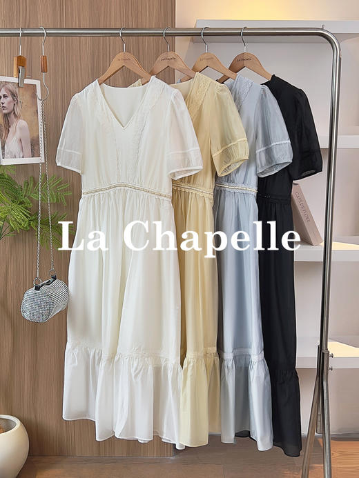 专柜实拍【夏日茶歇裙】拉夏贝尔/La Chapelle蕾丝V领拼接钉珠短袖连衣裙法式气质短袖中长裙 商品图0