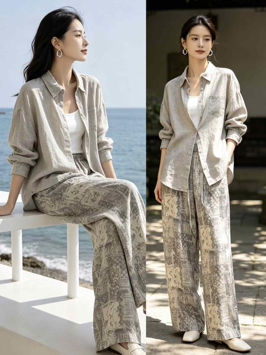 605555天丝亚麻印花裤阔腿裤 商品图0