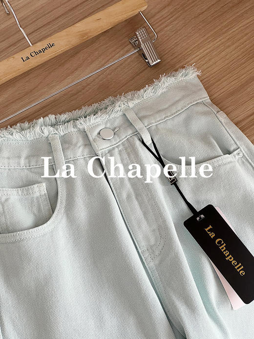 专柜实拍【海盐冰蓝】拉夏贝尔/La Chapelle小众色系！全棉亲肤柔软显瘦高腰单扣腰部毛边设计直筒阔腿牛仔裤 商品图9
