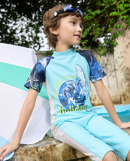 【店庆提前购】8楼爱慕儿童Aimer Kids男孩浪与鲸灵短袖五分裤连体泳衣2件套AK267L493，吊牌价620元 商品图2