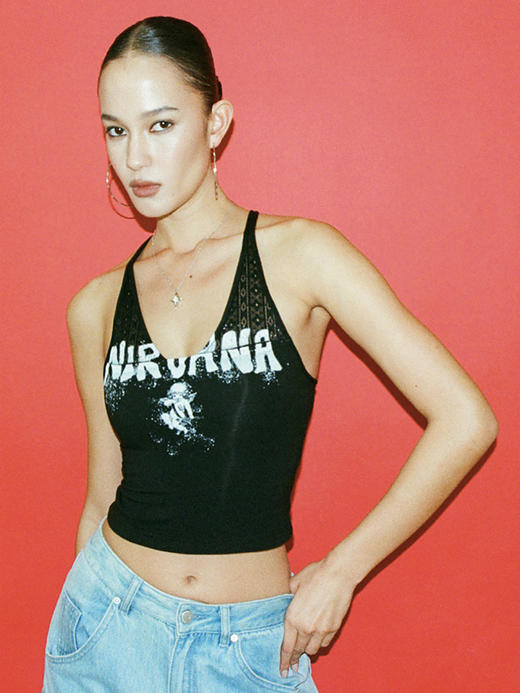 TR她热 霹雳娇娃 黑色蕾丝微透印花拼接复古设计感镂空露背背心吊带 商品图1