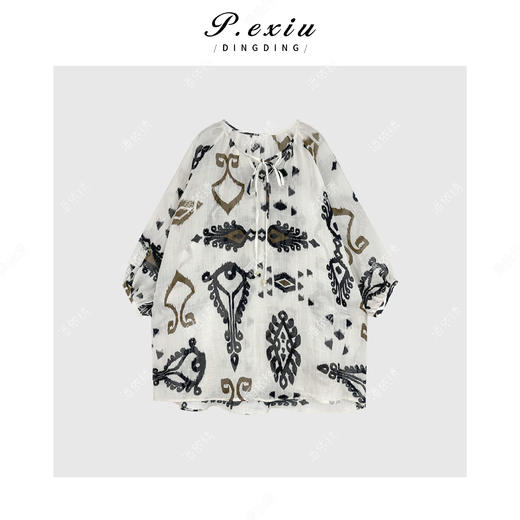 04-3潘依绣丁丁宠粉【阳光琥珀】100%苎麻波西米亚风系带长袖衬衫M8819 商品图1