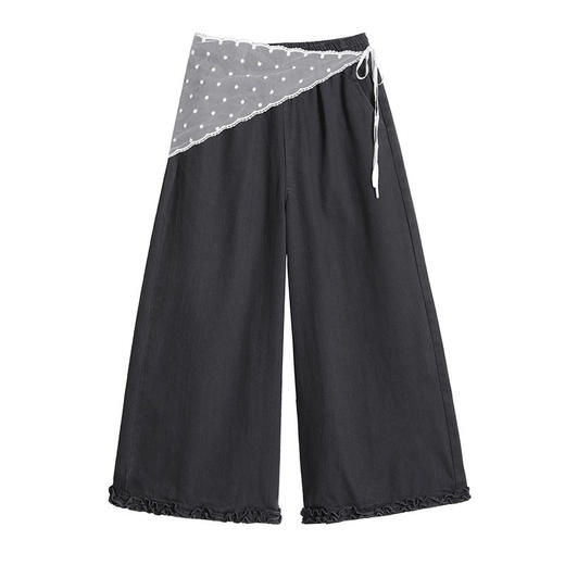 韩系设计感蕾丝拼接阔腿裤女春夏新款高腰显瘦宽松休闲七八分裤子   NDK-L637 商品图4