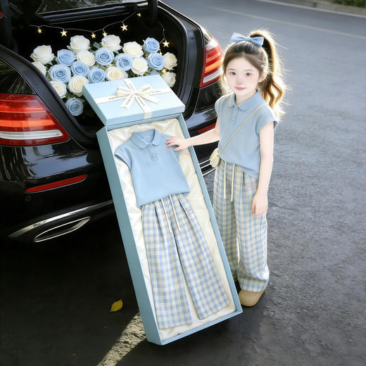 童洛萌女童夏季POLO衫套装新款儿童夏天薄款短袖格子长裤两件套爆款90-150 商品图0