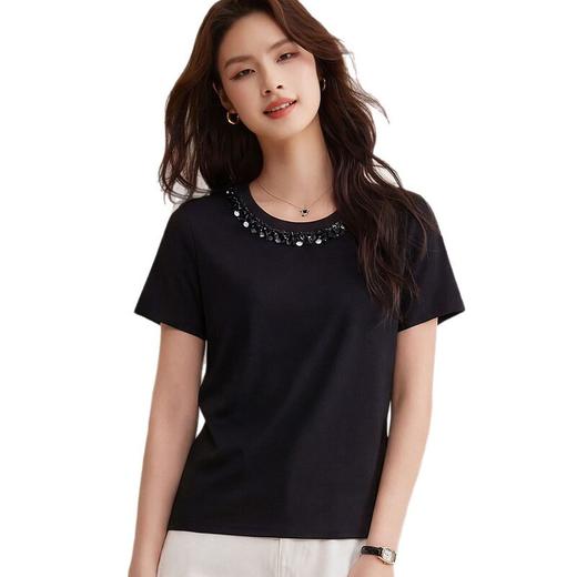 2026夏新款珠钻亮片装饰圆领丝光棉弹力T恤女短款休闲长绒棉上衣   BY-W44 商品图4
