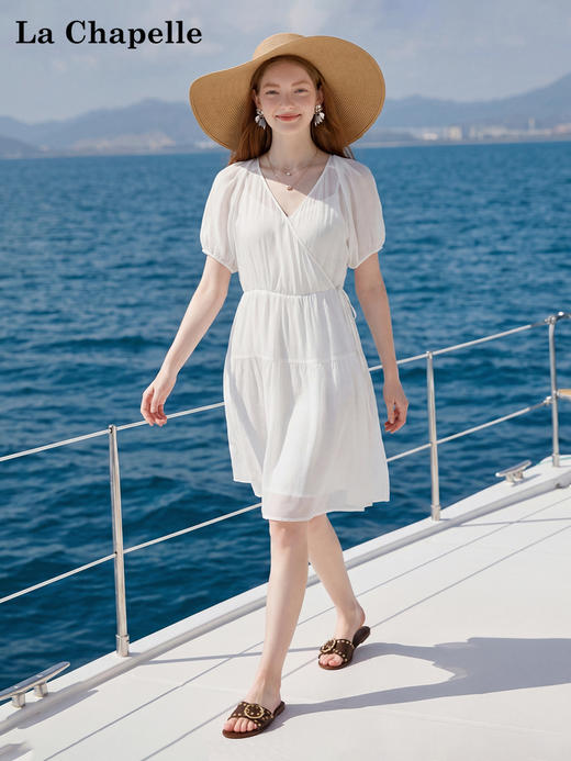 天猫同步【莱赛尔天丝！】拉夏贝尔/La Chapelle气质交叉领泡泡袖连衣裙夏季新款收腰宽松显瘦 商品图3