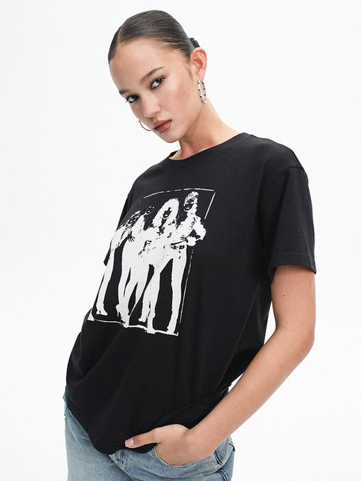 TR她热 女子乐队 黑色水洗印花复古休闲设计感百搭宽松圆领廓形T恤短袖 商品图4