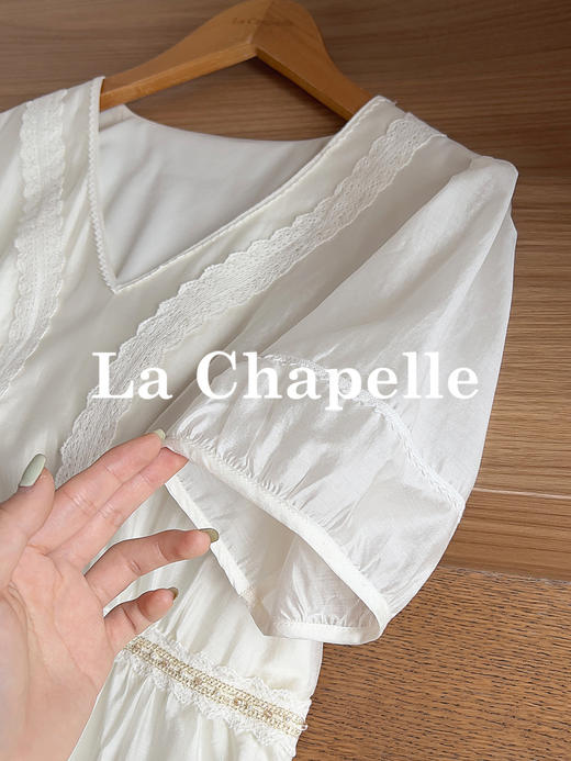 专柜实拍【夏日茶歇裙】拉夏贝尔/La Chapelle蕾丝V领拼接钉珠短袖连衣裙法式气质短袖中长裙 商品图5