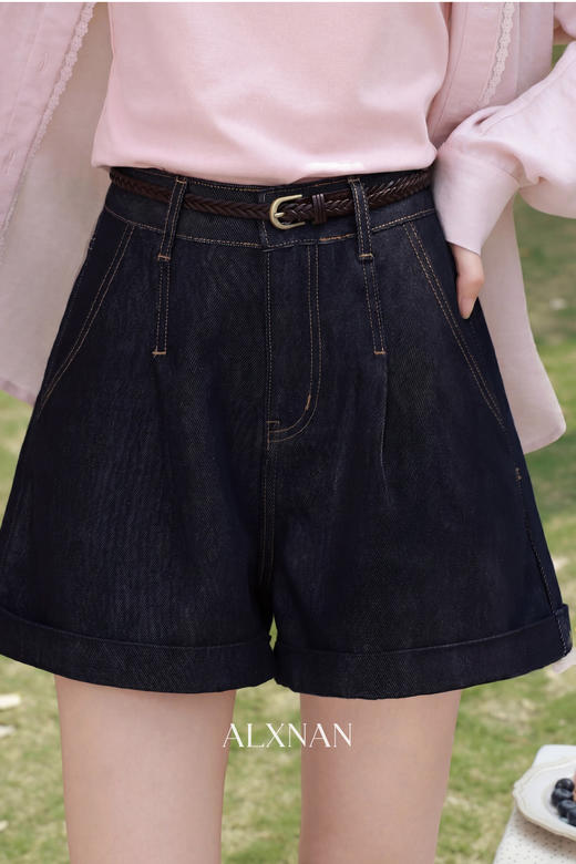 鹿向南「天野随性」深蓝色牛仔短裤女夏季直筒高腰小个子A字裤子 商品图5