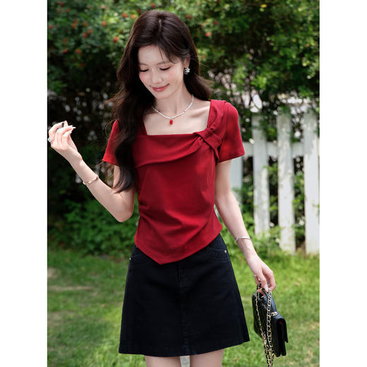 鹿向南【0417/20:00新品前1小时7折限量100件】设计感红色T恤女 商品图1