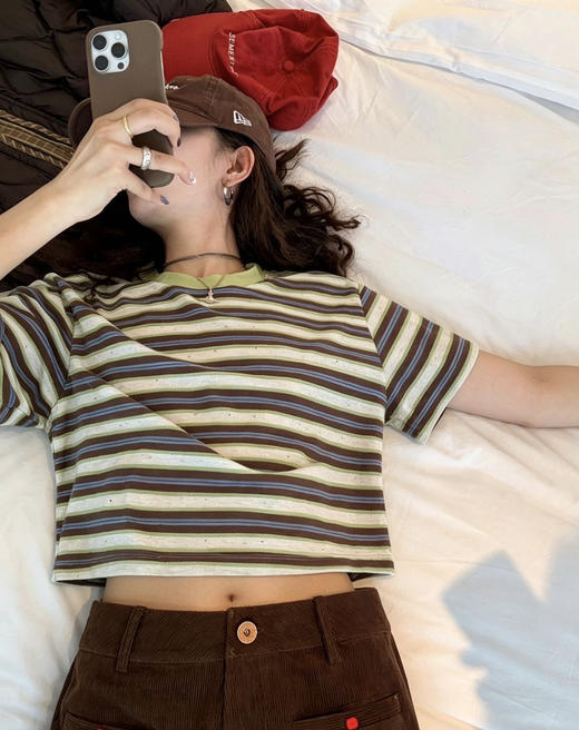 【显白牛油果条纹T恤】牛油果绿+蓝棕立体撞色条纹 面料轻薄透气 长袖or短袖 商品图1