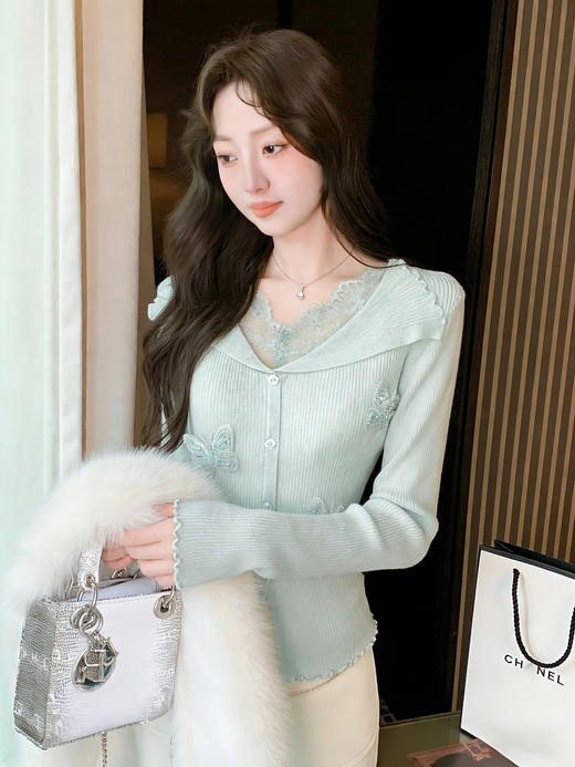 张心子【春日色调】独特漂亮蕾丝拼接花边针织衫木耳边开衫 U2604010 商品图0